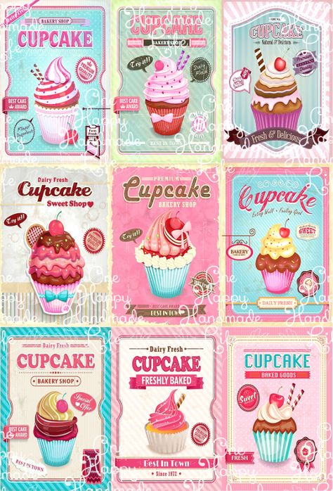 Cupcake Graphic Design, Cupcake Drawing Aesthetic, Cupcake Letters, Retro Cupcakes, Cupcake Image, Cupcake Poster, 50s Wallpaper, Cupcake Stickers, Cupcakes Wallpaper