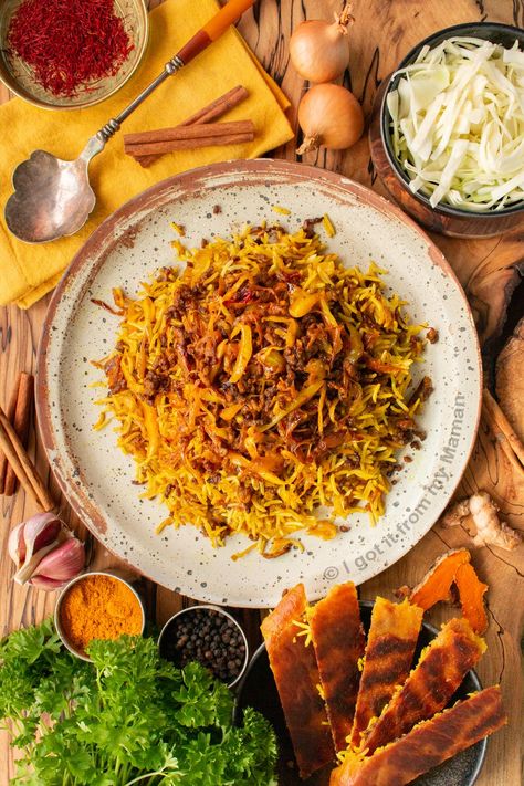 Kalam Polo Recipe - Persian Cabbage Rice Dish — I got it from my Maman Kalam Polo, Vegan Ground Meat, Saffron Recipes, Persian Rice, Cabbage Rice, White Cabbage, Persian Cuisine, Cooking Courses, Rice Dish