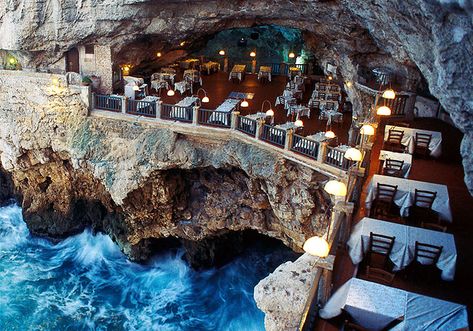 Grotta Palazzese restaurant is becoming one of the most sought after and extravagant ways to dine in Italy but is the experience worth the hefty cost? Grotta Palazzese, Fairytale Room, Italy Restaurant, Limestone Caves, Natural Cave, Romantic Restaurant, Breathtaking Places, Puglia Italy, Candle Light Dinner