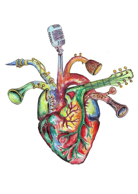 Music Drawings Ideas Creative, Anatomical Heart Drawing, Watercolor Tattoo Ideas, Anatomical Heart Art, Heart Watercolor, Music Notes Art, Web Tattoo, Music Heart, 8th Grade Art