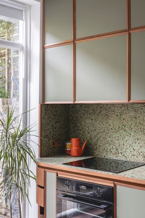 #kitchen #kitchendesign #terrazzo #terrazzocounter #woodcabinetry #paintedcabinetry $framedkitchen | photo: billy bolton Glasgow Apartment, Terrazzo And Wood, Barcelona House, Muted Green, Student House, London Apartment, Small Space Solutions, Wood Detail, Custom Made Furniture