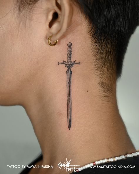 #swordtattoo #sword #lineart #minimaltattoo #necktattoo Sam Tattoo, Tatoo Styles, Minimal Tattoos, Winning Tattoo, Knife Tattoo, Forearm Band Tattoos, Cool Chest Tattoos, Chest Tattoos, Neck Tattoo For Guys