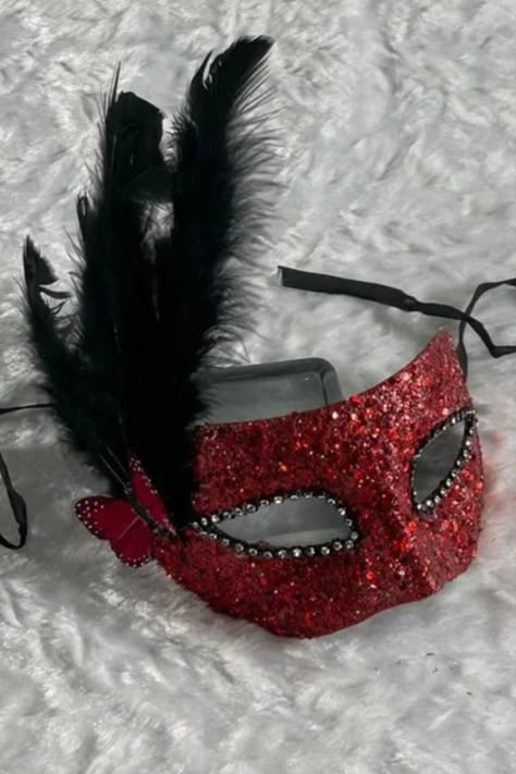 Custom Red Glitter & Black Feathers Masquerade Mask has a Solid Pre-formed base, is Embellished with Feathers, Rhinestone & Glitter, Perfect for Halloween and Masquerade Ball, and Dressy & Elegant Aesthetic Masquerade Mask Aesthetic Masquerade, Masked Ball Aesthetic, Red And Black Masquerade Mask, Halloween Mask Ideas, Black Mask Masquerade, Masquerade Mask Aesthetic, Red Masquerade Mask, Homecoming 2024