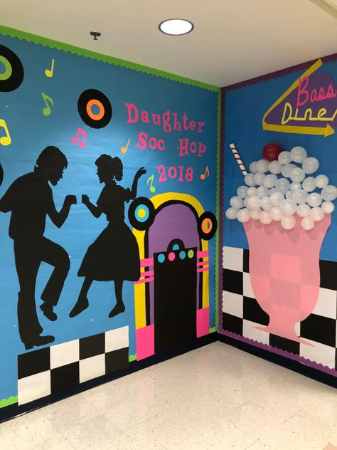 Grease Door Decorations, 50s Theme Decorations, Decades School Theme, 1950s Decorations Party, Diner Classroom Theme, Sock Hop Dance Ideas, Sock Hop School Dance, 50s Day At School Decorations, 50s Bulletin Board Ideas