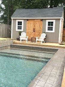 backyard makeover one year later, decks, diy, fences, outdoor living, pool designs Pool Houses Ideas, Outdoor Pool House Ideas, Outdoor Pool House, Backyard Sandbox, Traditional Pool, Easy Backyard Diy, Pool Shed, Backyard Playhouse, Pool Life