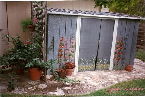 Painting flowers is a lovely way to dress up a plain, tin, shed. Painted Garden Sheds, Formal Garden Design, Painted Shed, Container Herb Garden, Shed Makeover, Tin Shed, Craft Shed, Backyard Sheds, Old Metal