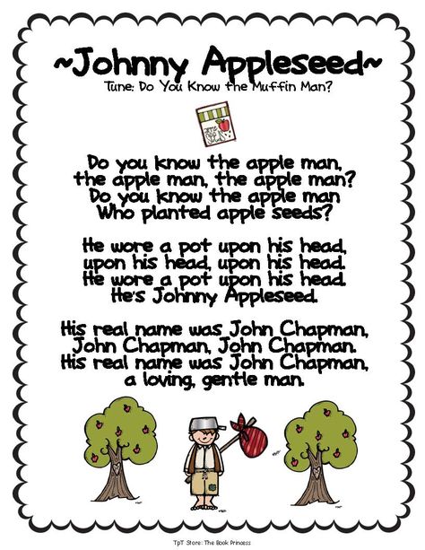 Johnny Appleseed Song, Apple Songs, Jonny Appleseed, Johnny Appleseed Activities, Free Poems, September Preschool, Preschool Apple Theme, Apple Kindergarten, Apple Crafts