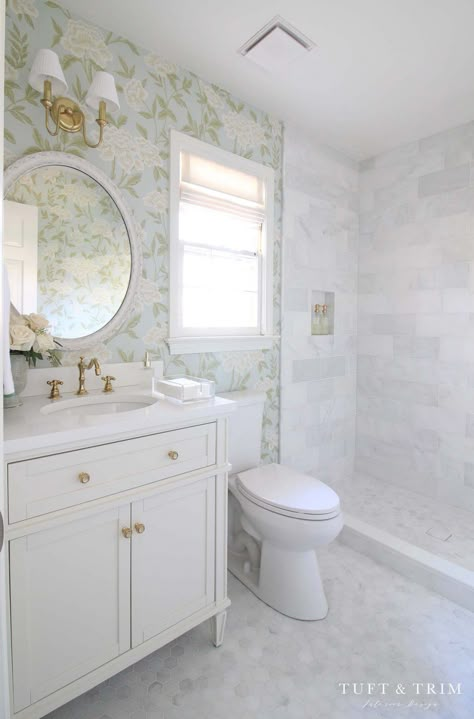 Gorgeous French Traditional Style Home - Inspiring Home Tour Small Bathroom Wallpaper, Cape Cod Style House, French Farmhouse Style, French Style Homes, Traditional Style Homes, Downstairs Bathroom, Girls Bathroom, Bathroom Wallpaper, French Country House