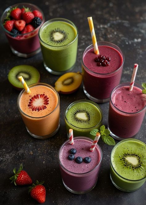 An assortment of colorful smoothies in glasses, each topped with different fruits. There are eight glasses with smoothies in various shades of green, orange, and purple, garnished with slices of kiwi, strawberries, blackberries, blueberries, and pomegranate seeds. The glasses are arranged on a dark surface with additional fruits placed around them, creating a vibrant and fresh display. Losing Weight Smoothies, Healthy Smoothie Recipe, Weight Smoothies, Romantic Breakfast, Weight Watchers Smoothie Recipes, Ginger Smoothie, Best Smoothie, Best Smoothie Recipes, Healthy Delicious Recipes