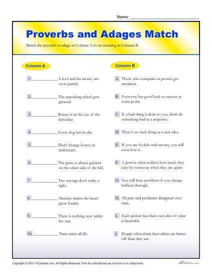 Free, printable worksheet where students match the proverb or adage to its meaning. Great for 4th and 5th grade. Click here! Proverbs For Kids, Adages And Proverbs, Match Worksheet, Homeschooling Activities, 5th Grade Worksheets, Idioms And Proverbs, Bible Worksheets, 5th Grade Reading, Writer's Workshop