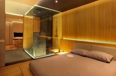 © Courtesy of Chrystalline Artchitect Bathroom Inside Bedroom, Interior Design Pictures, Hotel Suite Luxury, Hotel Room Design, Stylish Apartment, Bad Design, Tiny Apartment, Hotel Furniture, Bedroom Hotel