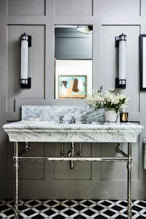 75 Powder Room with a Pedestal Sink Ideas You'll Love - November, 2024 | Houzz Grey Wainscoting, Marble Console Sink, Bathroom Wainscoting Ideas, Pedestal Sink Ideas, Stylish Bathroom Ideas, Marble Herringbone Floor, Bathroom Wainscoting, Wainscoting Ideas, Wainscoting Wall