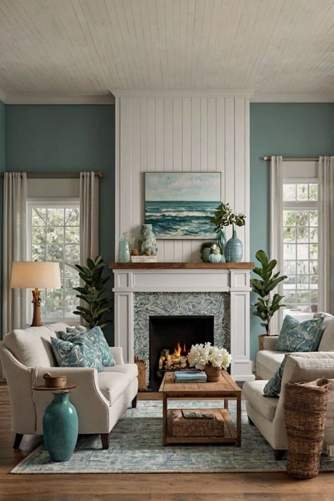 coastal chic living room design, fireplace design, living room decor ideas, coastal decor, home design inspiration, interior design trends, cozy living room design Fireplace Beach House, Beachy Fireplace Ideas, Living Rooms With Fireplace, Living Room Ideas With Fireplace, Coastal Fireplace Ideas, Coastal Fireplace, Coastal Chic Living Room, Installing A Fireplace, Chic Living Room Design