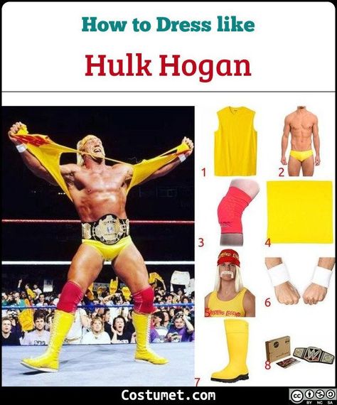 Hulk Hogan's iconic costume is wearing a yellow muscle tee, wrestling briefs, and boots. He also wears red knee protector and yellow bandana on the head.           #Male #male #blonde #tv #old #80s #wrestler #muscular #WWE Blonde Male Halloween Costume, Wrestlemania Costume, Wwe Halloween Costumes Couples, Hulk Hogan Couples Costume, Wwe Wrestlers Costumes, Hulk Hogan Costume Women, Hulk Hogan And Macho Man Costume, Macho Man Costume, Hulk Hogan Costume