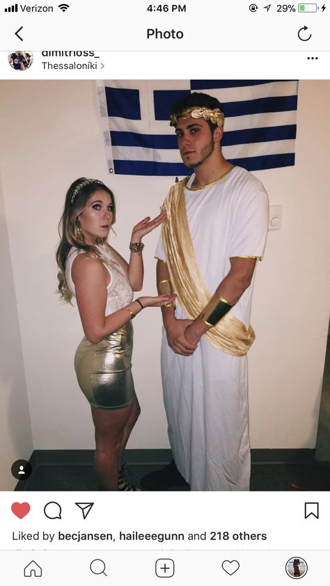 Greek God and his goddess. #halloween2017 #Halloweencostumes #college Greek Gods And Goddesses Costumes Couple, Couple Halloween Costumes Greek Gods, Greek God Couple Costume, Greek Mythology Costumes Men, Greek Mythology Couples Costumes, Greek Gods Couple Costume, Greek God Halloween Costumes, God And Goddess Costume Couple, God And Goddess Costume