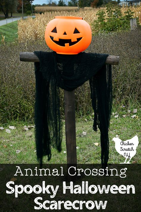 Get ready for Halloween with a quick DIY spooky scarecrow straight out of Animal Crossing! It's a simple project with a big impact that everyone will love Halloween Crows Diy, Pumpkin Scarecrow Diy, Diy Crow Halloween Decorations, Halloween Front Porch Crows, Animal Scarecrow Ideas, Crows Decor Halloween Decorations, Scarecrow Diy, Spooky Scarecrow, Scarecrow Decorations