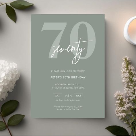 70th Birthday Invite, Sage Background, Modern Birthday Party, 70th Birthday Party, 70th Birthday Invitations, Rose Gold Invitations, Modern Birthday, Minimalist Typography, Party Invite Design