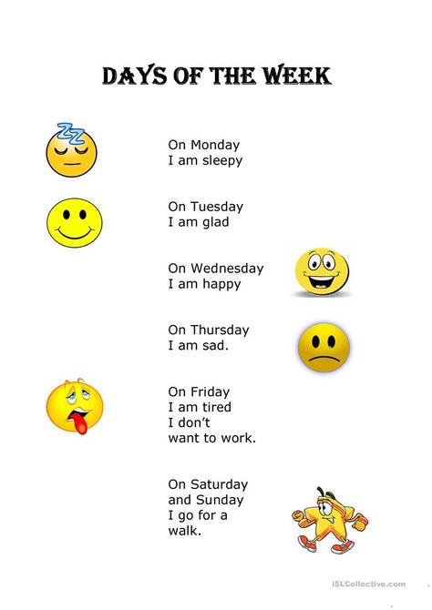 days of the week - English ESL Worksheets for distance learning and physical classrooms Daycare Songs, Days Of The Week Worksheet, Basic English For Kids, Days Of The Week Activities, English Primary School, Fall Lesson Plans, Teach English To Kids, Grammar English, Classroom Songs