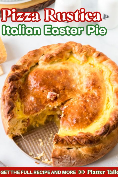 Pizza rustica, also known as pizza chiena, pizza ripiena, or pizza gaina, has many different spellings and variations. This traditional Italian Easter pie recipe is part quiche, part stuffed pizza, and a true crowd-pleaser. It is creamy, savory, and has the perfect combination of flavors. | italian easter pie recipes | italian easter pie pizza rustica | best pizza rustica | pizza rustica italian recipe | pizza rustica italian easter | traditional easter recipes | easter recipe ideas Easter Pie Recipes, Easter Italian, Italian Pie, Pizza Chiena, Italian Easter Pie, Traditional Easter Recipes, Sausage Pie, Easter Fun Food, Easter Pie