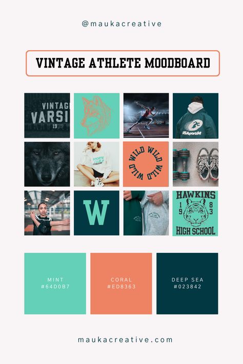 Colour palette and brand board created for a personal trainer, fitness, athletic business. This moodboard is incpired by vintage athletics and sport styles. Fonts are inspired by varisty and old year books. This moodboard is designed with a GenZ market in mind. Sport Brand Color Palette, Fitness Color Palette, Sport Color Palette, Sport Moodboard, Kitchen Photoshoot, Colour Pallettes, Gym Space, Team Costumes, Personal Training Studio