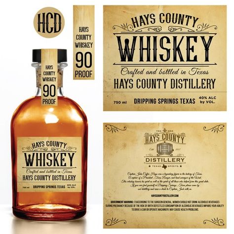 Hays County Whiskey Bottle/label design Product packaging contest design#product#packaging#TXWHISKEYMAN Alcohol Label Design, Whiskey Bottle Labels, Whiskey Label, Whiskey Distillery, Whiskey Brands, Bottle Label Design, Whisky Bottle, Bottle Corks, Bottle Cover