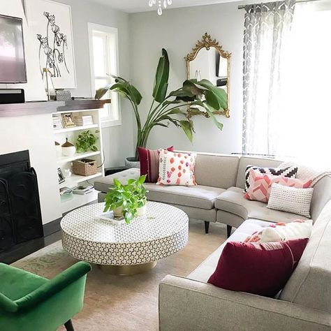 bright inviting living room with anthropologie round coffee table and room and board couches. #livingroom #plants #homedecor Living Room Inspiration Neutral, Room Inspiration Neutral, Anthropologie Table, Neutral Couch, Living Room Decor Neutral, Neutral Green, Trendy Living Rooms, Neutral Living Room, Living Room Green