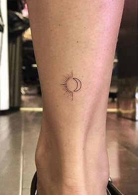 Tiny Sun And Moon Tattoo Matching, Hip Tattoos Women Sun And Moon, Ankle Sun And Moon Tattoo, Ankle Tattoo Sun And Moon, Sun Moon Tattoo Minimalist, Sun And Moon Hip Tattoo, Sun And Moon Small Tattoo, Delicate Moon Tattoo, Dainty Sun And Moon Tattoo