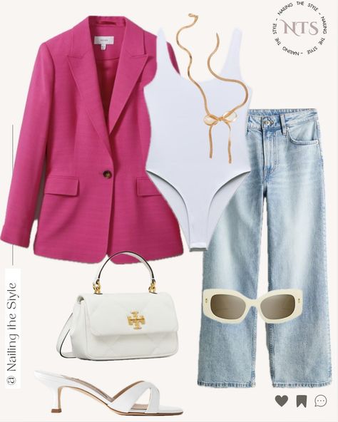 Pink Blazer Outfit Summer, Pink Blazer Outfit, Chic Fits, Outfits Bonitos, Brunch With Friends, Shoes Manolo Blahnik, Sunglasses Dior, Fashion Guide, And July