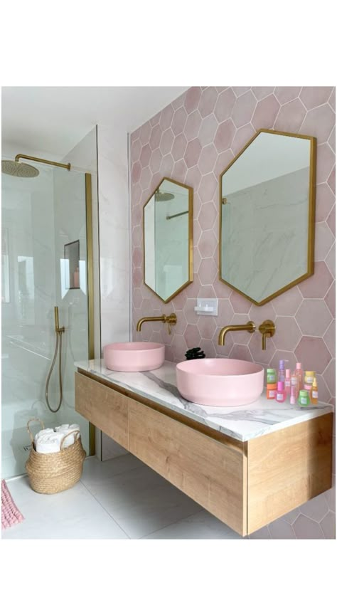 Pink Tile Bathroom, Pink Bathroom Tiles, Girly Bathroom, Pink Bathroom Decor, Girl Bathrooms, Pink Tiles, Double Vanity Bathroom, Upstairs Bathrooms