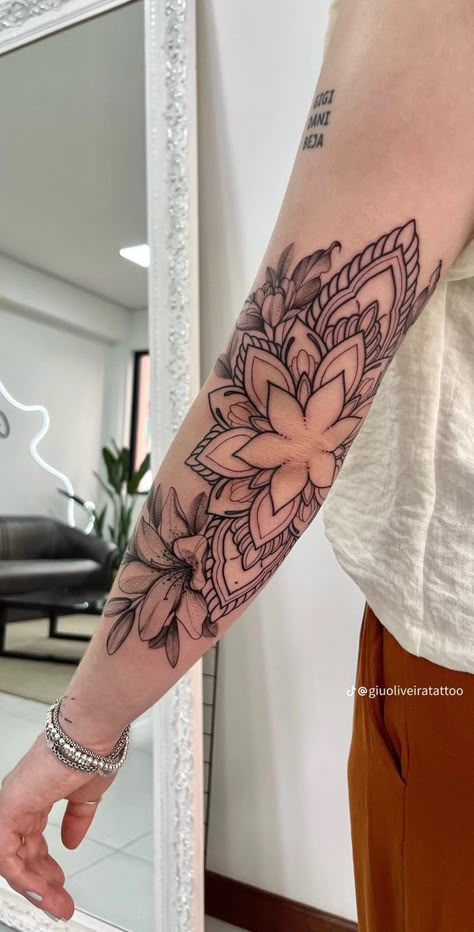 Random Tattoos On Arm, Back Of Arm Mandala Tattoo, Bohemian Arm Tattoo, Tattoos To Go Around Other Tattoos, Forearm Tattoo Women Wrap Around, Big Patchwork Tattoo Sleeve, Top Arm Tattoo Women Half Sleeves, Inside Arm Tattoos For Women Sleeve, Female Tattoos Unique Arm