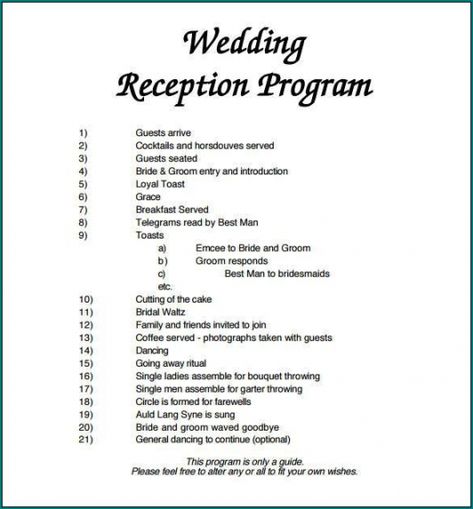 Sample 》Free Printable Wedding Reception Program Template Bogiolo Wedding Reception Agenda Template Excel Wording On Wedding Invitations, Wedding Reception Agenda, Reception Order Of Events, Wedding Program Template Free, Best Man Toast, Reception Program, Wedding Reception Program, Best Wedding Reception, Programs Wedding