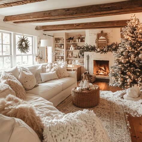 27 Elegant Christmas Living Room decor Ideas for a Magical Season Interior Design Living Room Christmas, Christmas Farmhouse Living Room, Cottage Core Family Room, Classic Christmas Living Room, Coastal Christmas Living Room, Where To Put Christmas Tree Living Rooms, Cosy Winter Living Room, Christmas Decorating Styles, Christmas Interior Decor Living Rooms