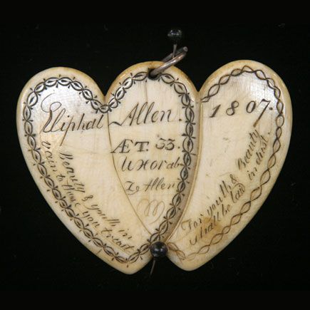 Scrimshaw Double Heart Mourning Jewelry Circa 1807 ~  A lovely memorial for a departed loved one.  "Beauty & youth in vain to these you trust  For youth & beauty shall be laid in dust." Scrimshaw Art, Mazzy Star, Momento Mori, Be Still My Heart, I Love Heart, Love Token, My Funny Valentine, Post Mortem, Beating Heart