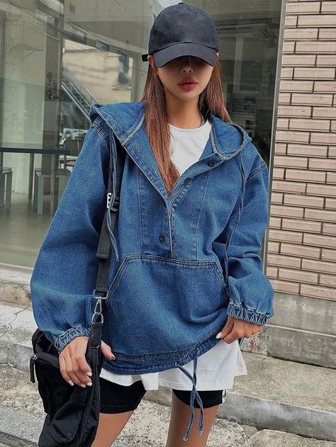 DAZY Half Button Drawstring Hem Hooded Denim JacketI discovered amazing products on SHEIN.com, come check them out! Hooded Denim Jacket, Sequin Bodycon Dress, Denim Jacket Women, Fall Fashion Outfits, Tight Leggings, Denim Top, All Fashion, Denim Women, Women Long Sleeve