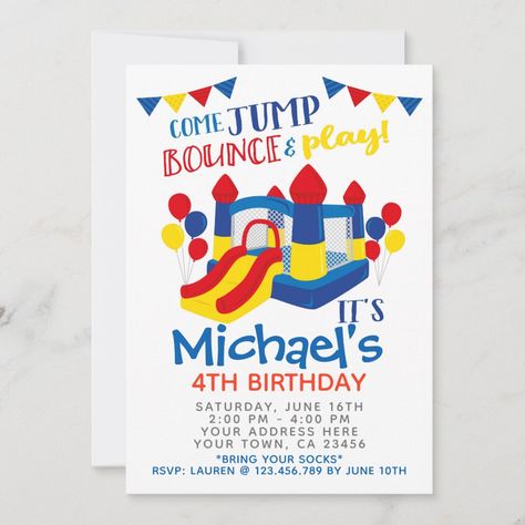 Trampoline Birthday Party, Bounce House Birthday Party, Bounce House Birthday, Birthday Party Card, Jump Party, Boy Birthday Invitations, Kids Party Supplies, Bounce House, Create Your Own Invitations