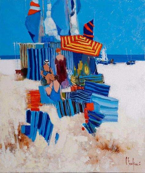 Claude Fauchère (né en 1936), Cabines de plage, huile sur toile, signée en bas à droite à l'ancre de marine, 55 x 46 cm. Adjugé : 910 euros Swimming Diving, Grand Art, Sea Life, Cornwall, Subjects, Diving, Abstract Art, Art Painting, Swimming