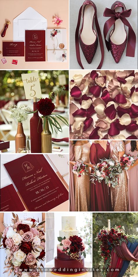 Colour Combinations For Weddings, Red Blush Wedding Color Schemes, Wine And Beige Wedding, Red Colour Palette Wedding, Marsala And Blush Wedding, Colours For Wedding Color Combinations, Champagne Gold And Burgundy Wedding, Crimson And Champagne Wedding, Unique Summer Wedding Colors