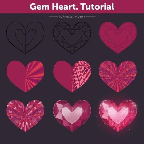 Gem Drawing Tutorials, Gem Tutorial, Heart Tutorial, Gem Drawing, Heart Gem, Crystal Drawing, Concept Art Tutorial, Coloring Tutorial, Digital Painting Tutorials