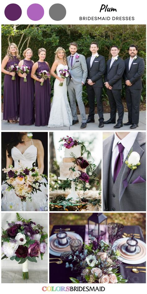 Plum bridesmaid dresses on sale under $100, in 600+ custom-made styles and all sizes, white bridal gown, white and plum flower and greenery bouquet, wedding cake décor and centerpieces, plum groomsmen ties. #colsbm #bridesmaids #bridesmaiddresses #weddingideas #purplewedding #plumwedding #bouquet #weddingcake #weddingties #weddingcenterpieces #plumdress b2254 Plum And Dark Grey Wedding, Plum And Navy Bouquet, Plum Gray Wedding, Plum Dresses Bridesmaid, Plum Bridal Party, Purple Wedding Pallet, Plum And Sage Wedding Colors, Deep Purple Wedding Decor, Plum Flowers Wedding