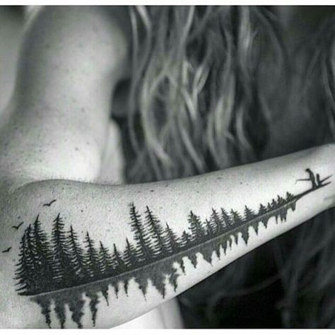 Sound Wave Tattoo, Dr Tattoo, Wilderness Tattoo, Outdoor Tattoo, Tree Tattoos, Handpoke Tattoo, Forest Tattoos, Geniale Tattoos, Mountain Tattoo