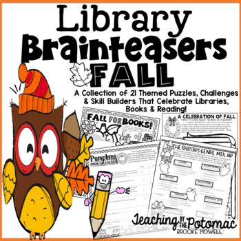 Twenty-one fall-themed brainteasers are included in this fun autumn set for your library! Jam-packed with engaging content that reinforces research, reading, and logic skills, this packet also contains easy low-prep library lesson extension ideas for each activity so that you can s-t-r-e-t-c-h the v... Fall Library Activities Elementary, Prek Library Lessons, Library Lessons Elementary Free, November Library Lessons, Thanksgiving Library Decorations, November Library Activities, Interactive Library Displays, Library Aide, Fun Library Activities