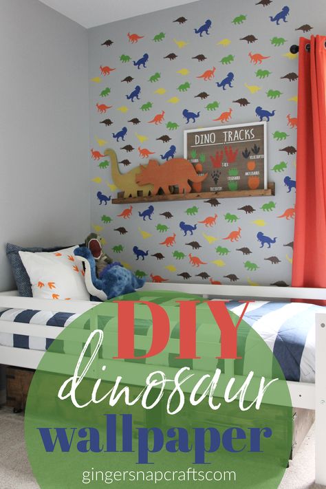 #ad Using my Cricut Joy and Cricut Smart Materials I was able to make this cute DIY dinosaur accent wall wallpaper in no time at all! #cricutmade #cricutcreated #cricut #cricutjoy #dinosaur #wallpaper Diy Dinosaur Decor Cricut, Dinosaur Bedroom Diy, Dinosaur Room Decor Diy, Cricut Wall Decals Diy, Cricut Wallpaper, Cricut Wall Decals, Toddler Boy Room Themes, Accent Wall Wallpaper, Dinosaur Boys Room