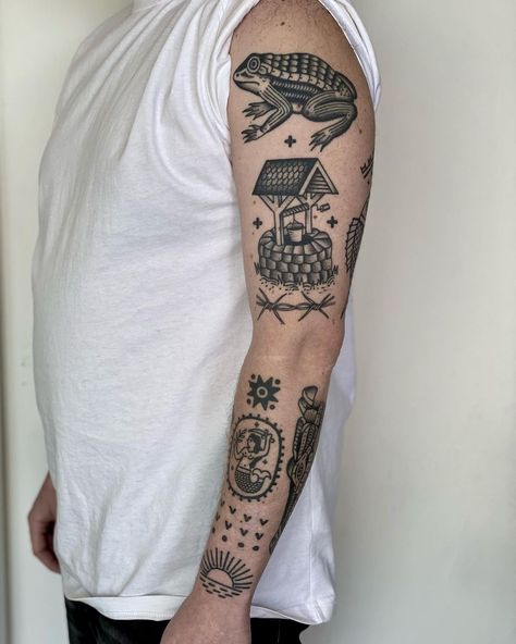 WES WIZ on Instagram: “Healed tattoos , upper arm from 2 years ago. Lower arm done last year @sweetandsourtattoocollective for info : DM or wthewizz@gmail.com…” Tattoos Upper Arm, Primitive Tattoo, Lower Arm Tattoos, Amsterdam Tattoo, Woodcut Tattoo, B Tattoo, Upper Arms, S Tattoo, More To Come