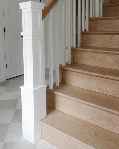 We love incorporating the old with the new. We saved these original stairs by sanding and staining them with our custom oak stain mixture. This color accentuates an organic, natural and light vibe and will last for many years to come! The new baluster and spindles for an updated feel. Design: @intuitive.design_ 🛠️: @greateastern_contracting 📸: @megleonardcodesign Annapolis interior design. Full home renovation. Checkered foyer. White oak stairs. #intudesign Light Oak Staircase, Checkered Foyer, White Oak Stairs, White Oak Staircase, Stair Redo, Redo Stairs, Farmhouse Staircase, Oak Staircase, White Stairs