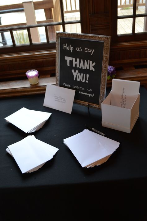 Envelope Address Station, Thank You Card Envelope Sign, Thank You Envelope Station, Thank You Envelopes Sign, Grad Party Advice Ideas, Grad Party Thank You Cards, Present Table Ideas, Graduation Thank You, Graduation Party Card Box Ideas