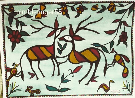 Watercolour on paper Sohrai Painting Jharkhand, Khovar Art, Sohrai Art, Sohrai Painting, Gond Painting, Design Motivation, Indian Wall Art, Watercolor Scenery, Warli Art