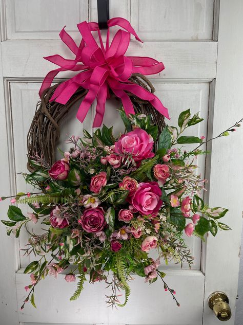 Inexpensive Wreaths, Front Door Pink, Elegant Fall Wreaths, Floral Door Wreaths, Spring Floral Wreath, Spring Front Door Wreaths, Diy Spring Wreath, Pink Wreath, Door Wreaths Diy