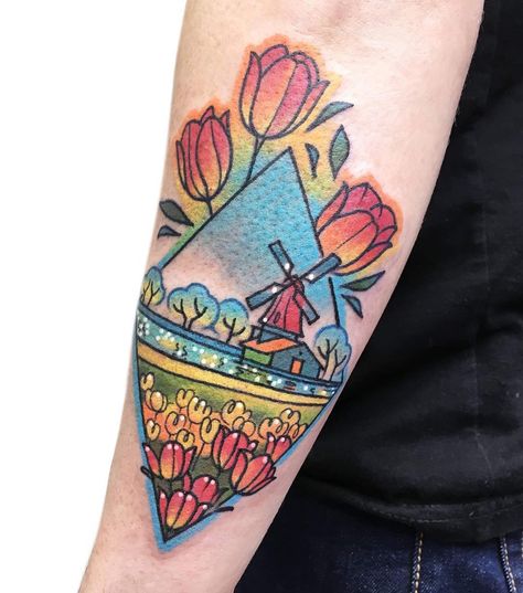 Tulips Tattoo, Windmill Tattoo, Matching Friendship Tattoos, Arm Tattoos For Women Forearm, Semicolon Tattoo Meaning, Dutch Tattoo, Cute Best Friend Tattoos, Scenery Tattoo, Unique Forearm Tattoos