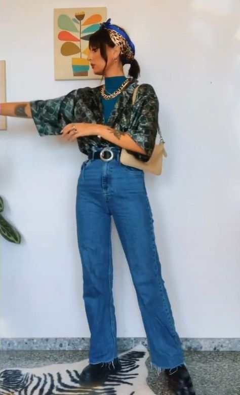 Retro Going Out Outfits, Vibrant Style Outfits, Eclectic Outfits Midsize, Artistic Style Outfit, Midsize Rocker Chic, Painted Pants Outfit, Maximalist Outfits Vintage, Soft Rock Aesthetic Outfits, Eclectic Chic Fashion