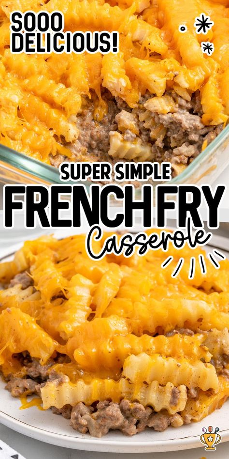 French Fry Casserole combines crispy fries, savory ground beef, and gooey cheese into a quick and comforting meal. Perfect for busy weeknights or casual gatherings! Ground Beef French Fry Casserole, French Fry Casserole Recipes Ground Beef, French Fries Casserole Ground Beef, French Fries Meals Dinners, Fried Ground Beef Recipes, Hamburger French Fry Casserole, French Fry Casserole Recipes, Fries Casserole, Fry Casserole